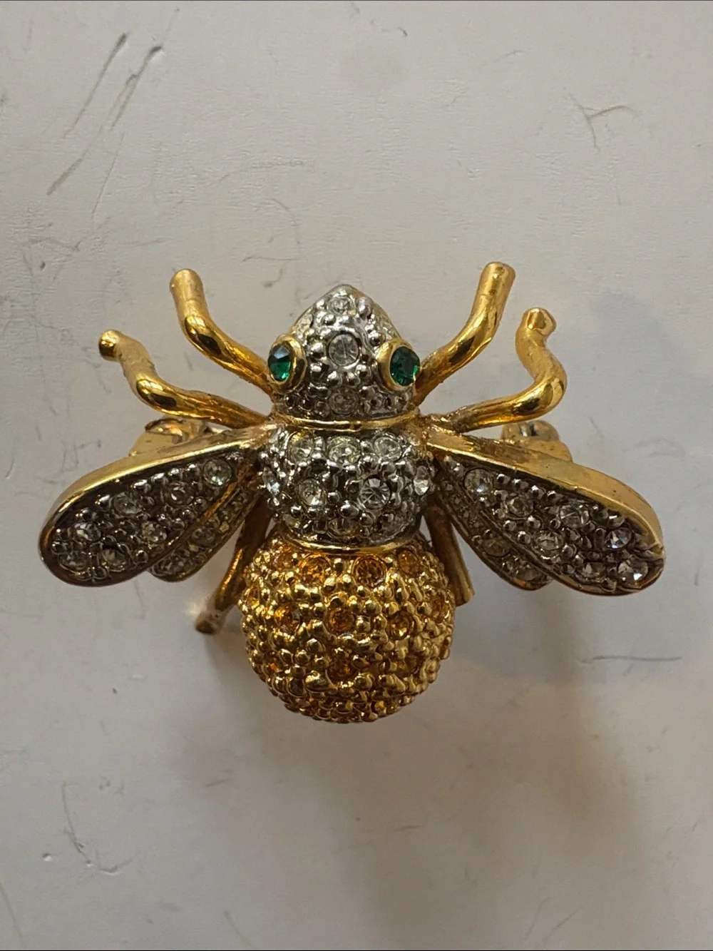 Gold and Crystal Bee Brooch with Green Accents